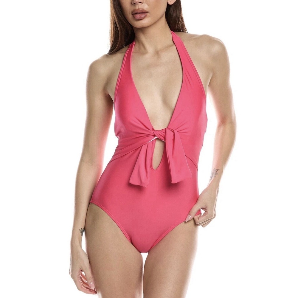 Vince Camuto Womens Pink Plunging Tie-Front Halter Swimsuit‎ Size 10 NWT